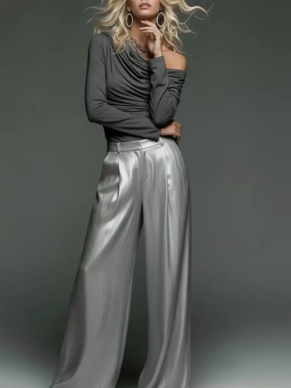 One-Shoulder Ruched Long-Sleeve Top And Silvery High-Waisted Loose Wide-Leg Pant
